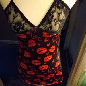 New,not worn racerback mini lace valentines love black print stretch night gown.